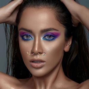 Close-up of model wearing colorful gradient mustache-shaped septum nose ring jewelry