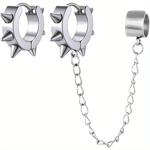 Boucles d'Oreilles Créoles à Pointes en Acier Inoxydable Punk Avec Ensemble de Chaîne de Manchette d'Oreille Or Noir Argent Gothique