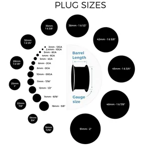 Silikon Ohr Plugs Größentabelle von 2mm bis 51mm für Piercing Schmuck Sets in Schwarz