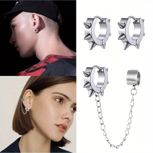 Ensemble de boucles d'oreilles punk en acier inoxydable avec pointes et chaînes métal