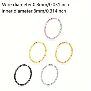 5-delige set van 0,8mm roestvrijstalen gedraaide neusringen in goud, zilver en zwart