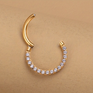 Golden 316L stainless steel hinged segment ring with shimmering zircon crystals