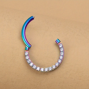 Rainbow stainless steel hinge clicker nose ring with sparkling cubic zirconia detail