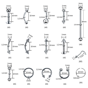 105-piece stainless steel body piercing kit including hoops and studs with size charts