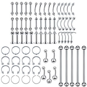 Detailed assortment of stainless steel body piercing jewelry in a white matrix layout