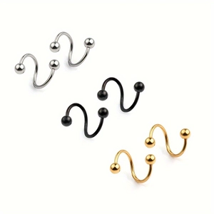 Drie paar S-vormige lipringen van roestvrij staal in zilver, zwart en goud voor piercing
