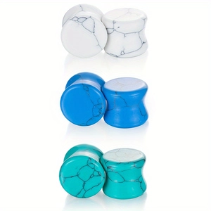 Three pairs of turquoise and marble stone ear gauges with double flare design