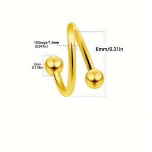16G Gouden roestvrijstalen S-vormige spiraal piercing met 3mm kralen en 8mm spanwijdte
