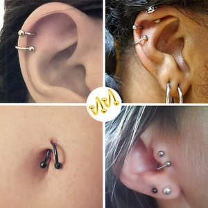 Gedetailleerde weergave van S-vormige spiraal piercings van roestvrij staal in diverse kleuren
