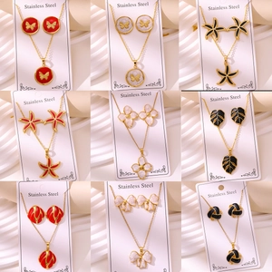 Fashion Stainless Steel Jewelry Set For Women Gold Plated Enamel Flower Butterfly Starfish Necklace And Stud Earrings Accessories