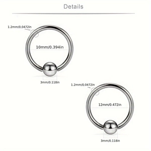 Set of 2 stainless steel captive bead rings with 10mm and 12mm diameters for piercings
