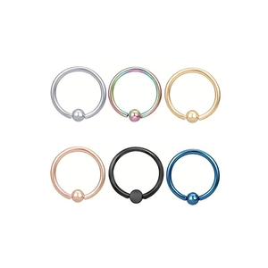 Detailed set of 6 polished stainless steel captive bead rings in various metallic finishes