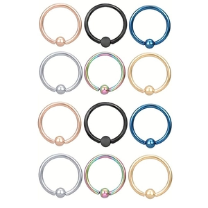 12-piece set of multicolored stainless steel captive bead rings for body piercing