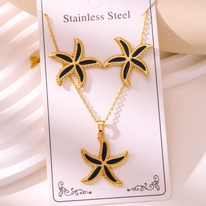 Detailed close-up of gold-plated stainless steel starfish necklace and earrings set