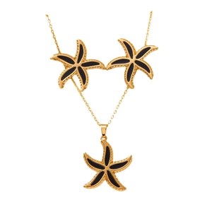 Golden 304 stainless steel starfish jewelry set with black enamel inlay and fine chain
