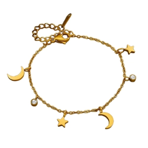 Bracelet en acier titane plaqué or 18k avec breloques lune étoile et zircons brillants