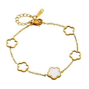 Bracelet en acier inoxydable doré avec cinq fleurs évidées et nacre blanche incrustée