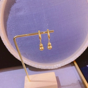 Gros plan de boucles d'oreilles gourde dorées avec caractère Fu sur support en métal