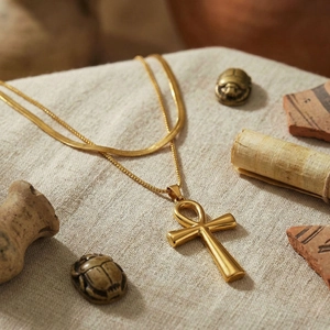 Elegant 18k gold double layer necklace with Ankh cross pendant on textured linen fabric