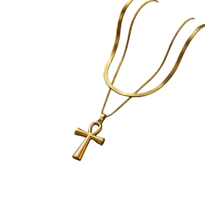 Double-layered 18k gold plated necklace set with Ankh cross pendant and flat snake chain