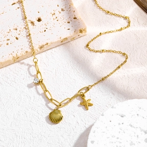 Mode Titanstahl Muschel Seestern Anhänger Halskette Für Damen Gold Silber Galvanisiert Strass Marine Stil Kropfkette Schmuck Geschenk