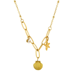 Elegante Halskette aus 18K vergoldetem Edelstahl mit Seestern-, Muschel- und Zirkonia-Anhängern