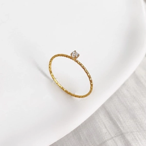 Minimalist Titanium Steel Gold Plated Ring Ultra Thin Beaded Band Round Zirconia Solitaire Ring For Women Fashion Jewelry