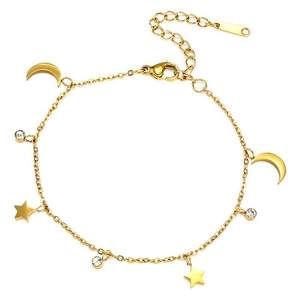 Bracelet en acier inoxydable doré avec étoiles, lunes et zircons sur fond blanc
