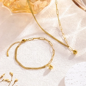 Moderne Titanstahl Spleißkette Halskette Mit Poliertem Rundperlenanhänger Goldfarbene Büroklammerkette Schmuck Für Damen
