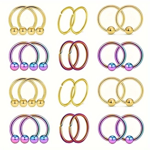 24-piece stainless steel nose ring set in gold and rainbow finish with horseshoe rings