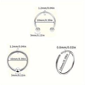 Set of stainless steel nose rings with sizes 0.8mm and 1.2mm gauge and 10mm inner diameter