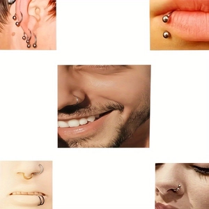 Detailed close-up showing stainless steel horseshoe rings worn on the nose and lip