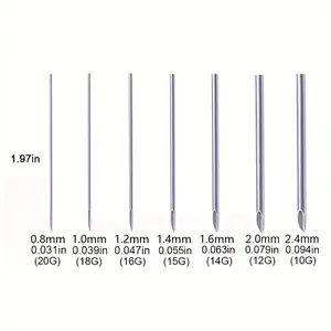 Stainless steel piercing needles size chart with gauges 10G to 20G in 50mm length