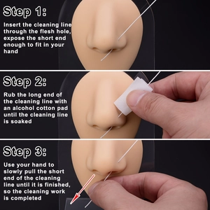 Three-step guide for disposable ear and nose piercing cleaning lines with alcohol pads