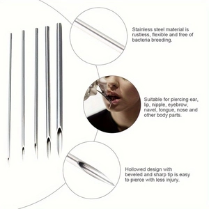 Detailed view of hollow beveled piercing needles with sharp tips and application diagrams