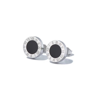 Silver titanium steel stud earrings with Roman numerals and black enamel inlay