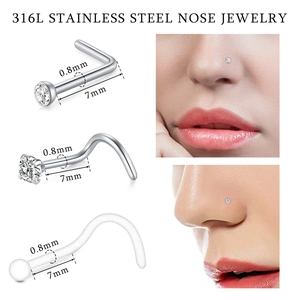 316L stainless steel nose ring set with 0.8mm gauge zircon studs shown on face