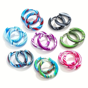 Stainless Steel Hoop Earrings Marbled Pattern Lacquer Huggie Earrings Unisex Artistic Fashion Jewelry Accessory