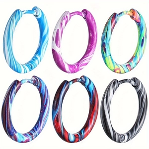 Detailed set of six colorful stainless steel hoop earrings with unique marble textures