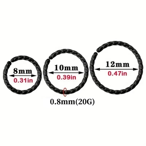 Black twisted stainless steel nose rings set in 8mm, 10mm, and 12mm diameters