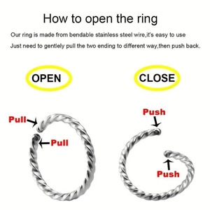 Macro detail of twisted stainless steel nose ring showing manual open and close mechanism