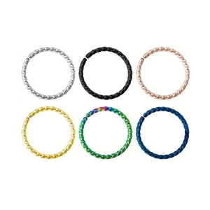 Set of 6 stainless steel twisted nose rings in silver, gold, black, and multicolor finishes