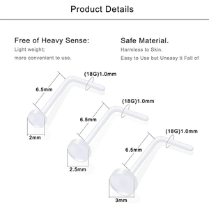20pcs clear acrylic L-shaped nose studs set 18G with 2mm 2.5mm 3mm heads on white background