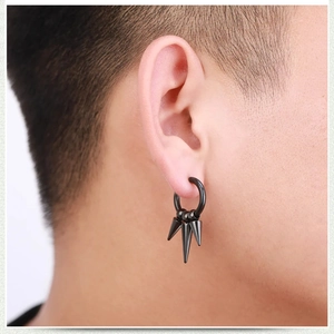 Classic black stainless steel hoop earrings with triple cone spikes in punk style