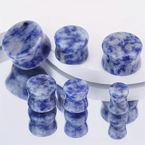 Blue and white marble texture stone double flare ear plugs in six various sizes