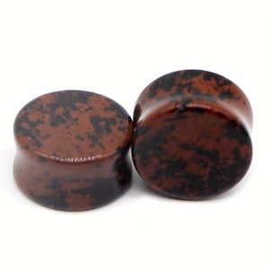 Polished double flare mahogany obsidian stone ear plugs with mottled texture