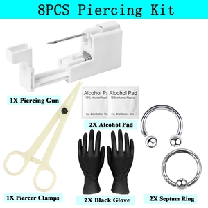 Professionele 8-delige roestvrijstalen body piercing set met pistool en sieraden