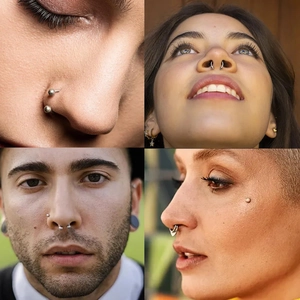 Close-up van roestvrijstalen neusringen en piercings op het septum en de neusvleugel