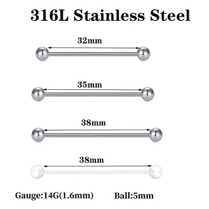 Industrial barbells set in 316L stainless steel and acrylic with various size measurements