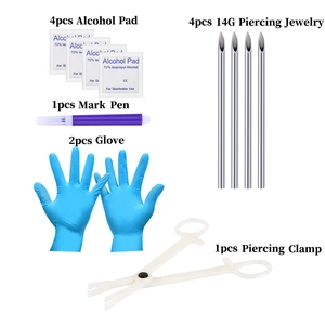 Professional 20-piece stainless steel body piercing kit with tools, needles and gloves